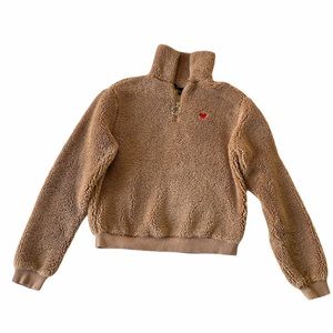 Topshop Quarter Zip Fluffy Brown Top with Heart